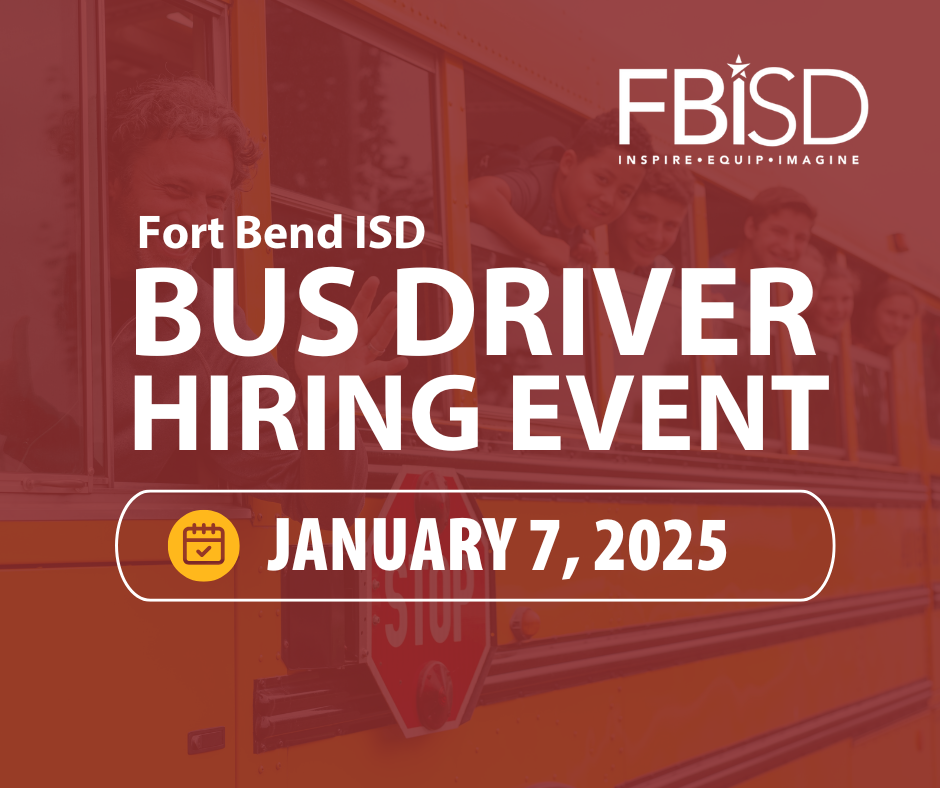 Image of bus with students and text: Bus Driver Hiring Event